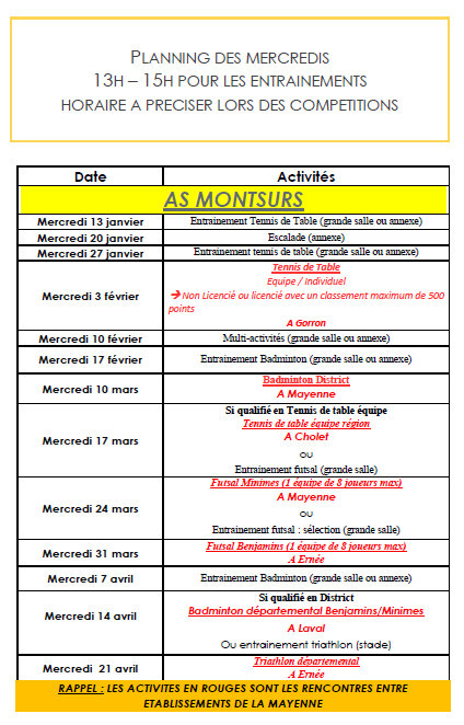 Planning de l’AS